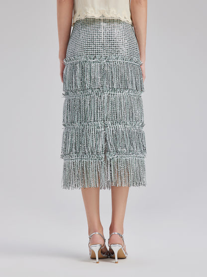 Minimalist Sequin Tweed Tassel Skirt