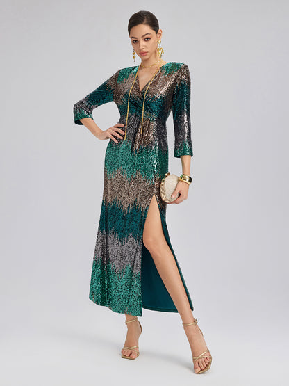 Gradient Sequin V-Neck Stretch Dress