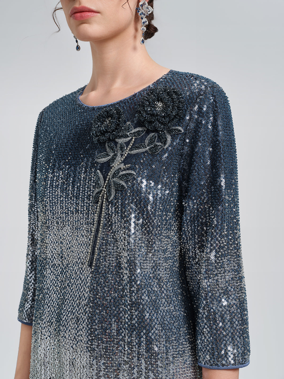 Fringe Gradient Sequin 3D Floral Dress