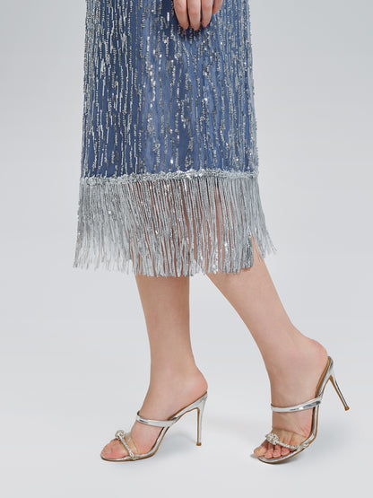 Fringe Gradient Sequin 3D Floral Dress