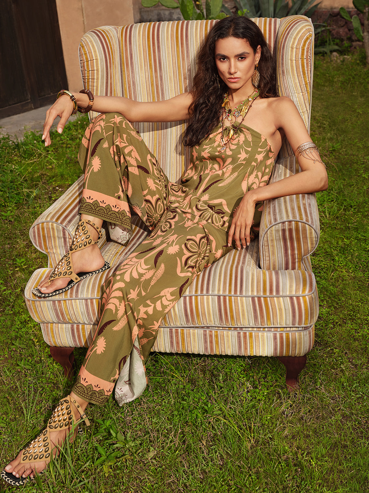 Vintage Botanical Print Wide Leg Pants