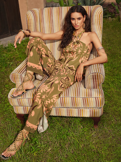 Vintage Botanical Print Wide Leg Pants