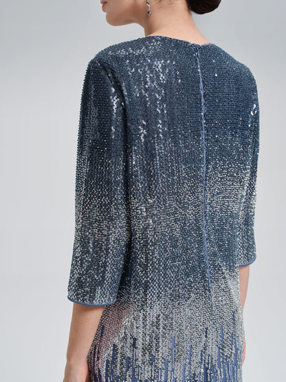 Fringe Gradient Sequin 3D Floral Dress