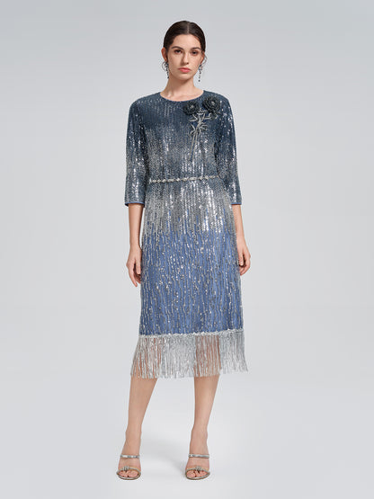 Fringe Gradient Sequin 3D Floral Dress