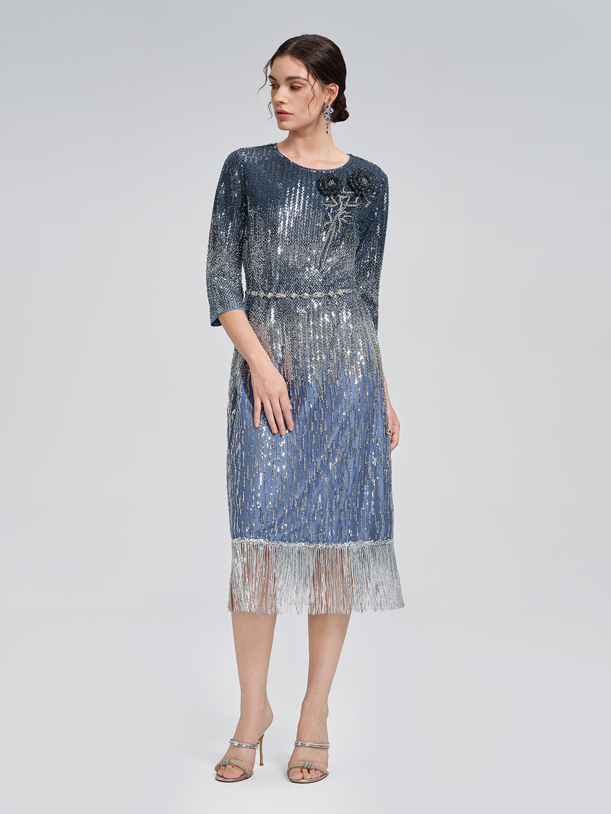 Fringe Gradient Sequin 3D Floral Dress