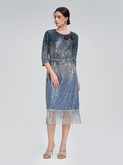 Fringe Gradient Sequin 3D Floral Dress