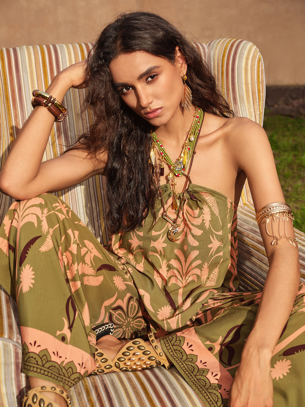 Vintage Botanical Print Beaded Strapless Top