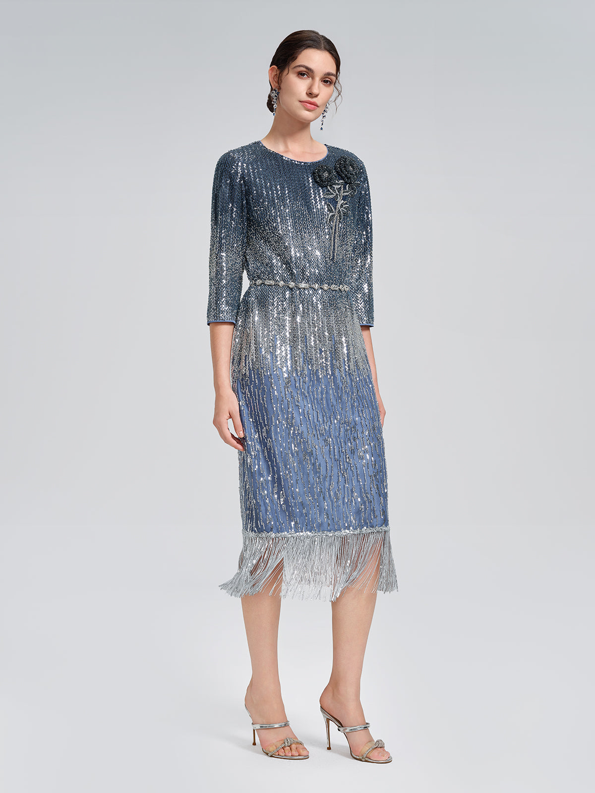 Fringe Gradient Sequin 3D Floral Dress