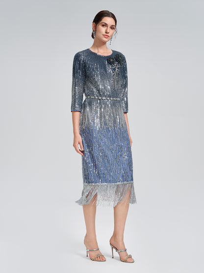 Fringe Gradient Sequin 3D Floral Dress