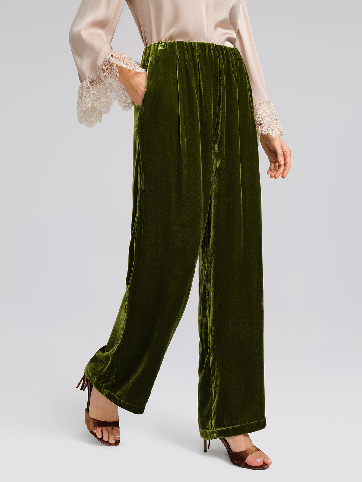 Silk Velvet Elastic-Waist Wide-Leg Pants
