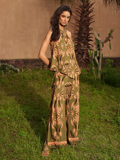 Vintage Botanical Print Wide Leg Pants