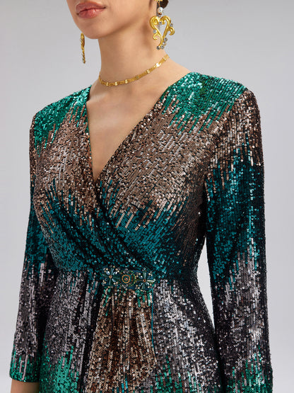 Gradient Sequin V-Neck Stretch Dress