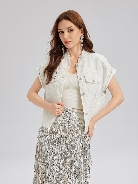 Sequin Soft Denim Stand-Collar Vest