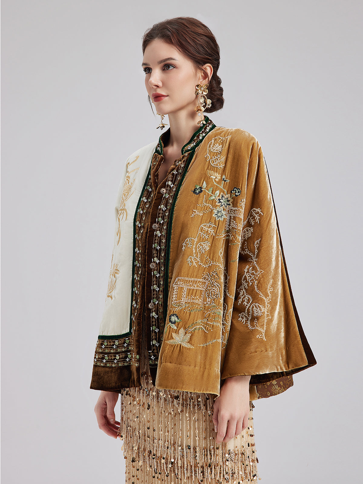 Vintage Silk Velvet Embroidered Tweed Chinese Style Jacket