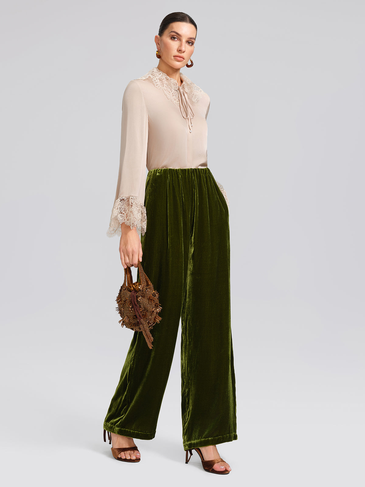 Silk Velvet Elastic-Waist Wide-Leg Pants