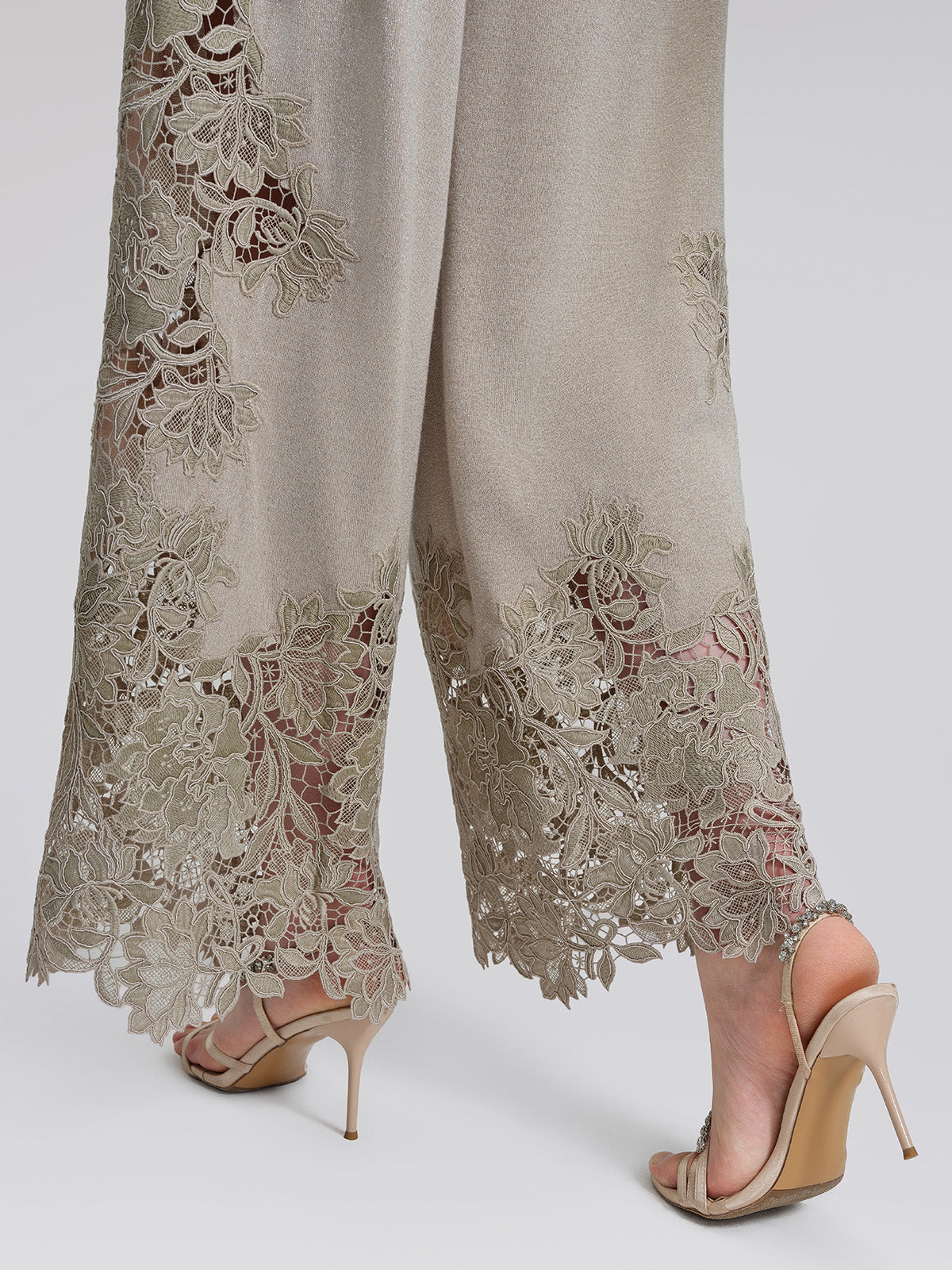Metallic Knit Lace Trim Elastic-Waist Pants