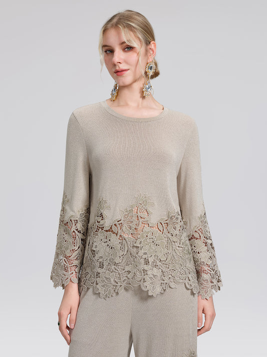 Metallic Knit Cut-Out Lace Trim Blouse