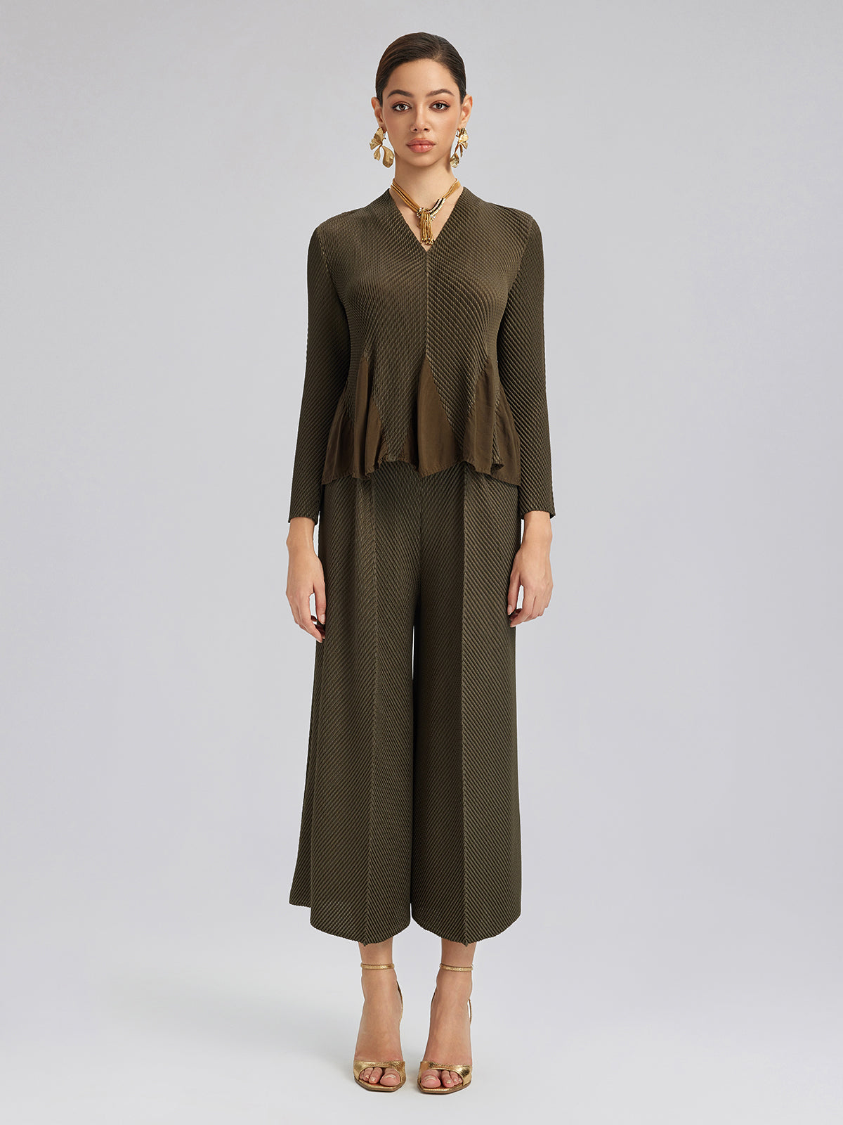Pleated-Texture Elastic-Waist Wide-Leg Pants