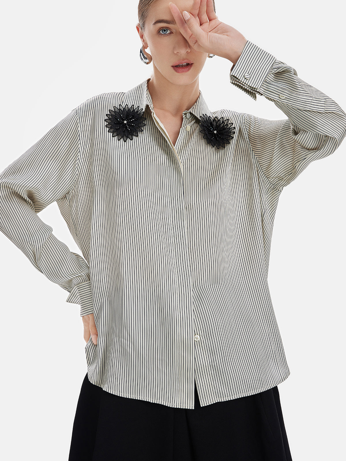 Minimalist Striped Lace Flower Long-Sleeve Shirt