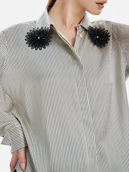 Minimalist Striped Lace Flower Long-Sleeve Shirt