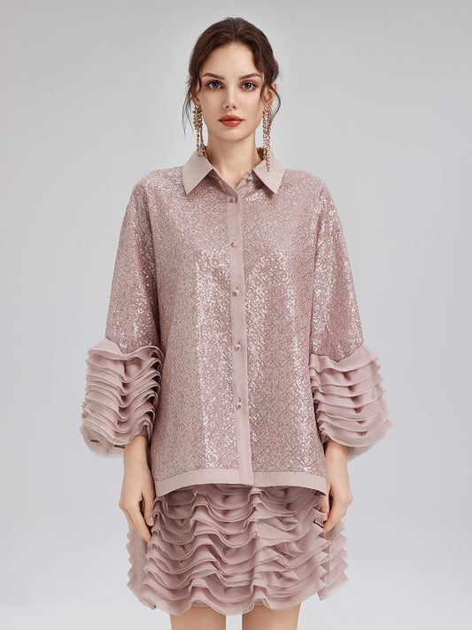 Luxe Ruffled Sequin Pleated Shirt