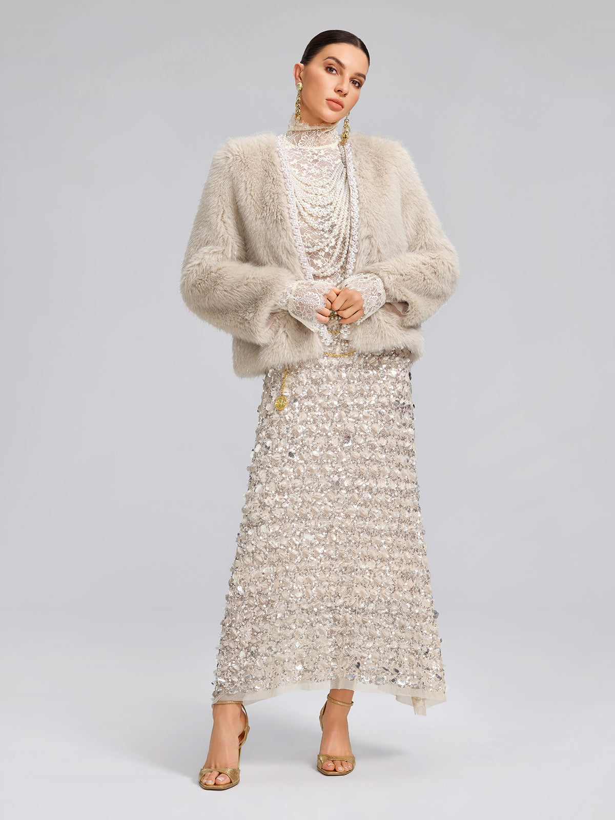 Silver-Tipped Eco Fur Pearl-Beaded Jacket