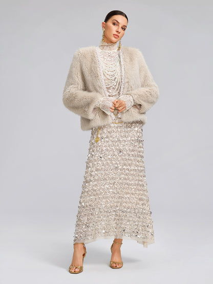 Silver-Tipped Eco Fur Pearl-Beaded Jacket