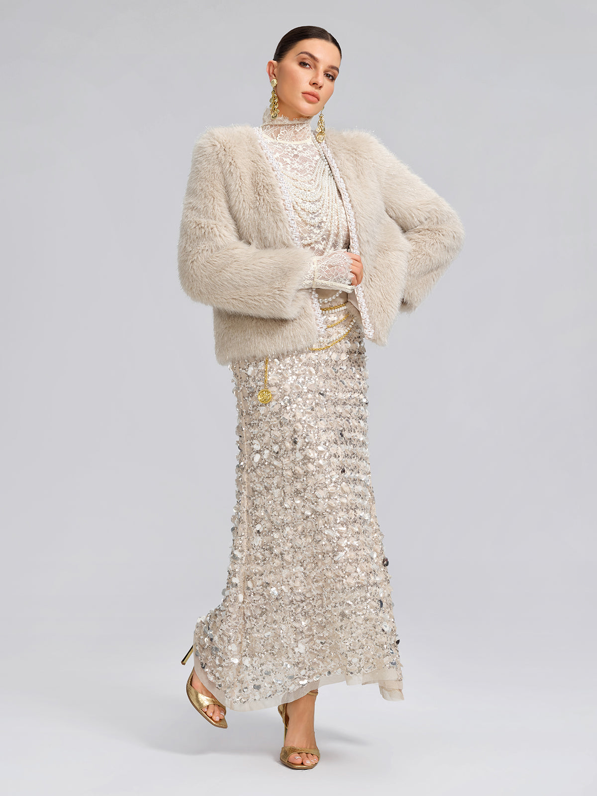 Silver-Tipped Eco Fur Pearl-Beaded Jacket