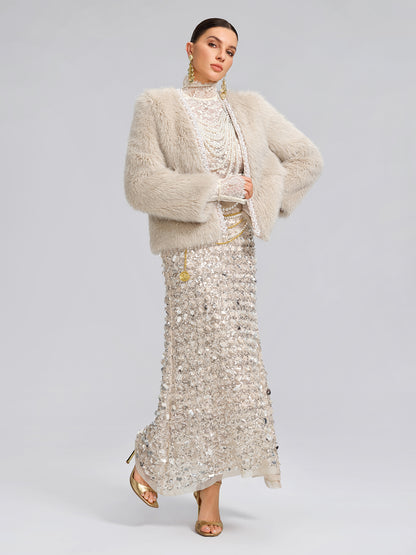 Silver-Tipped Eco Fur Pearl-Beaded Jacket