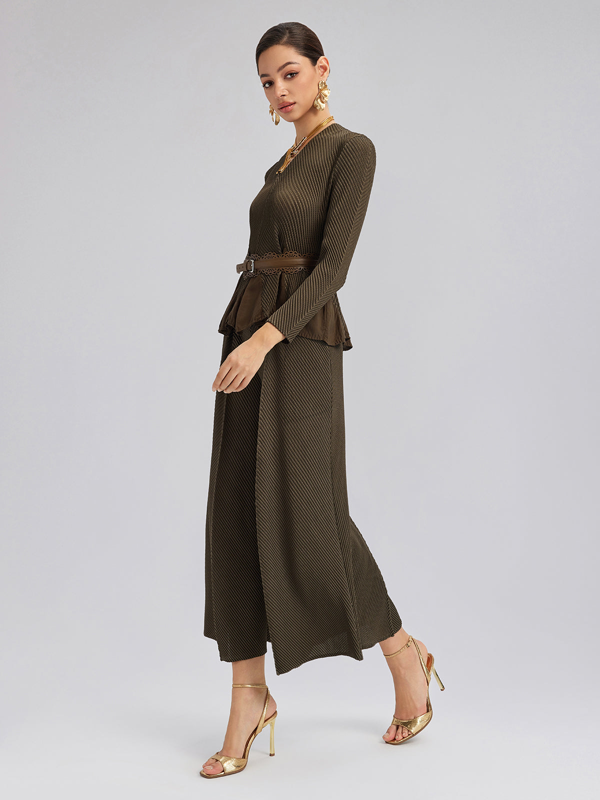 Pleated-Texture Elastic-Waist Wide-Leg Pants