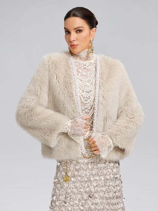 Silver-Tipped Eco Fur Pearl-Beaded Jacket