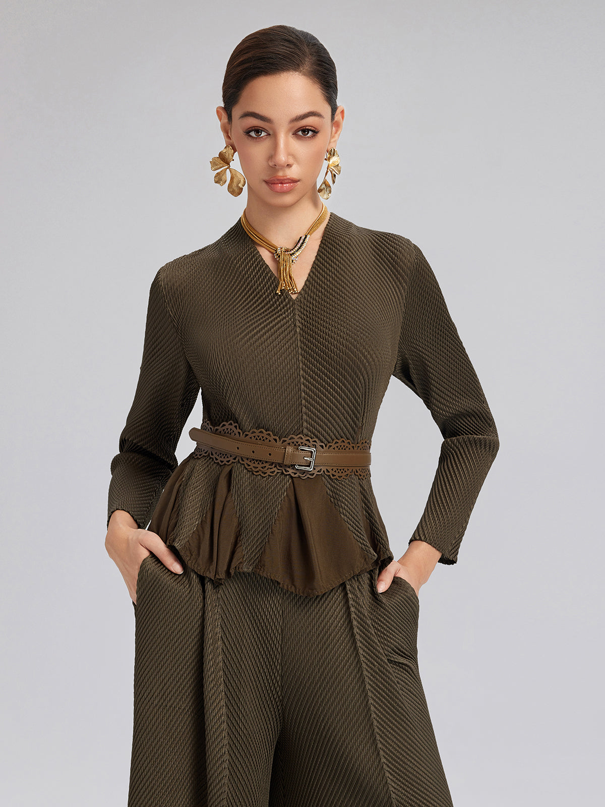 Floral Bud-Edge Textured V-Neck Top