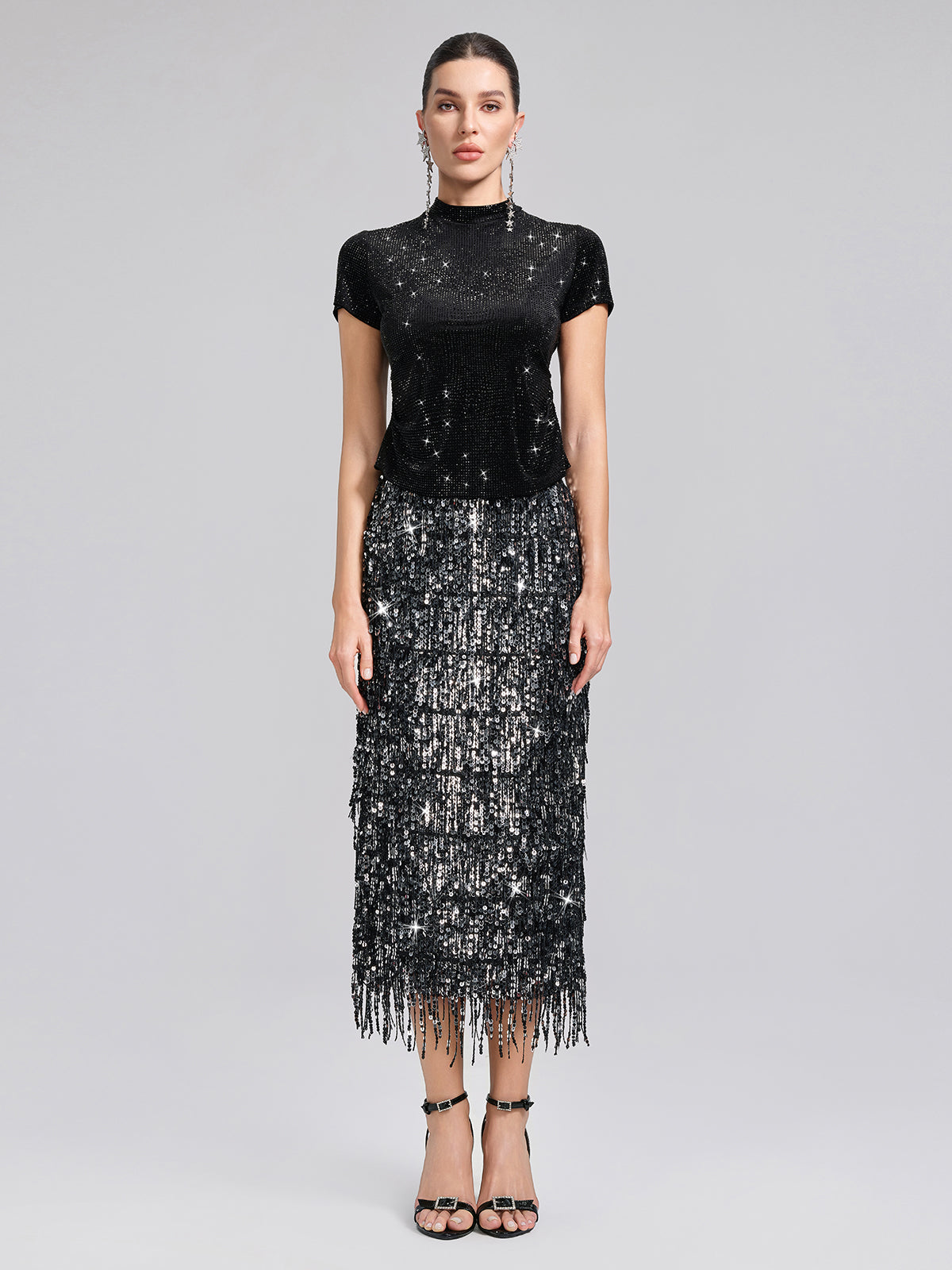 Rhinestoned Velvet Short-Sleeve Top