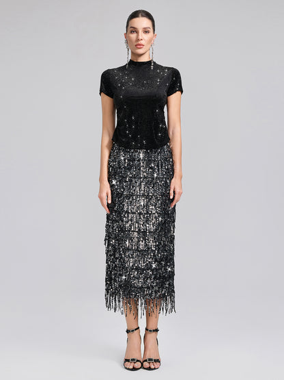 Rhinestoned Velvet Short-Sleeve Top