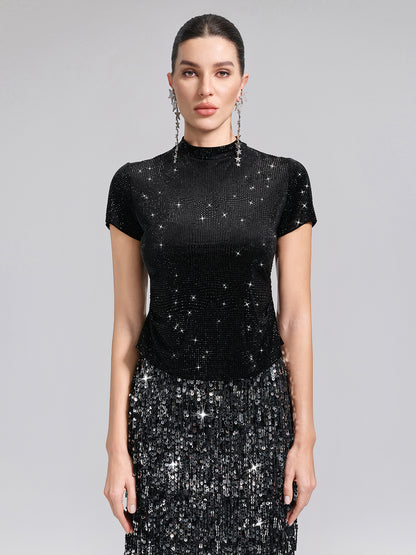 Rhinestoned Velvet Short-Sleeve Top