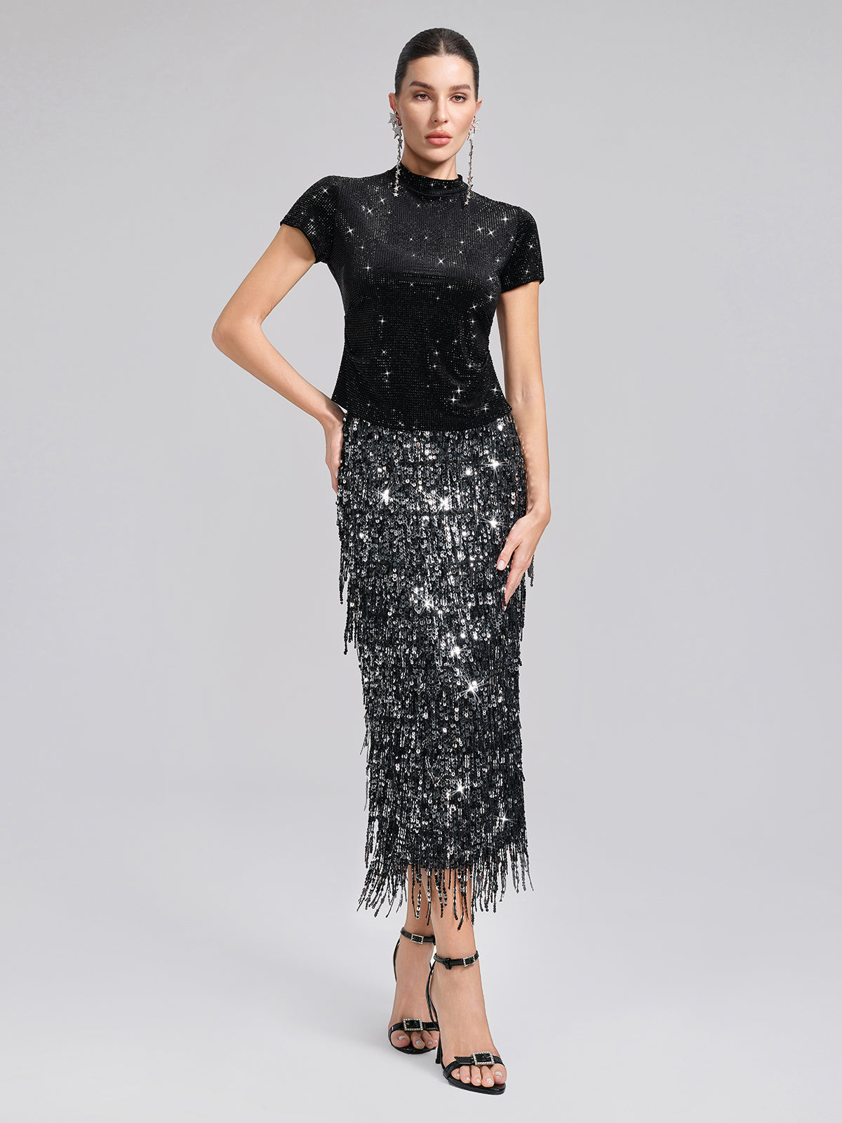 Rhinestoned Velvet Short-Sleeve Top