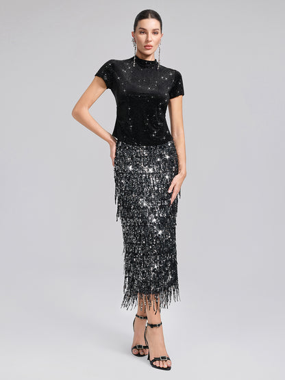 Rhinestoned Velvet Short-Sleeve Top