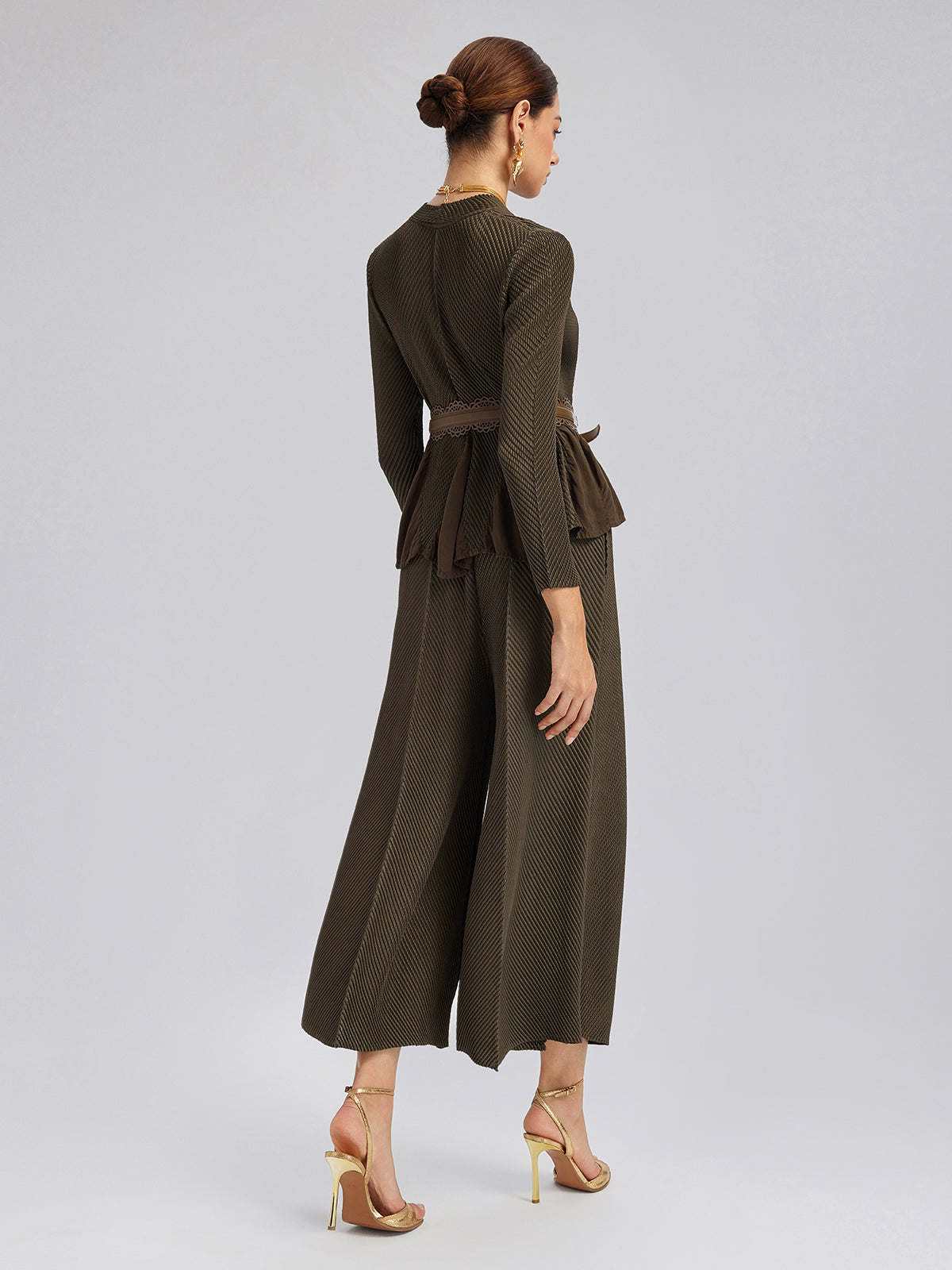 Pleated-Texture Elastic-Waist Wide-Leg Pants