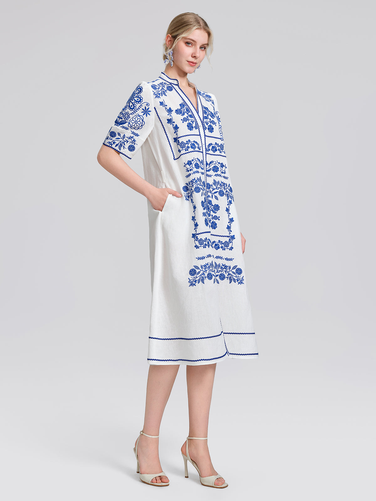 Linen Placement Embroidered Dress (Waist Tie Included)
