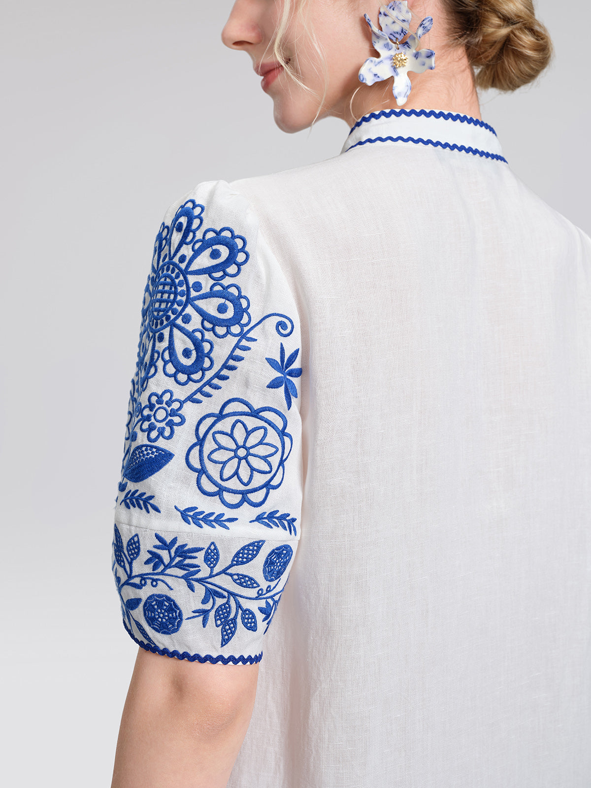 Linen Placement Embroidered Dress (Waist Tie Included)