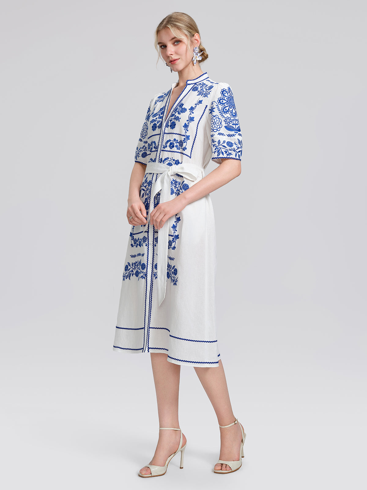Linen Placement Embroidered Dress (Waist Tie Included)