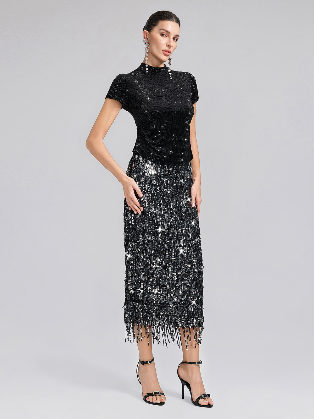 Rhinestoned Velvet Short-Sleeve Top