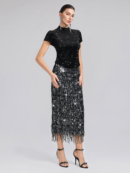 Tassel Sequin Midi Skirt