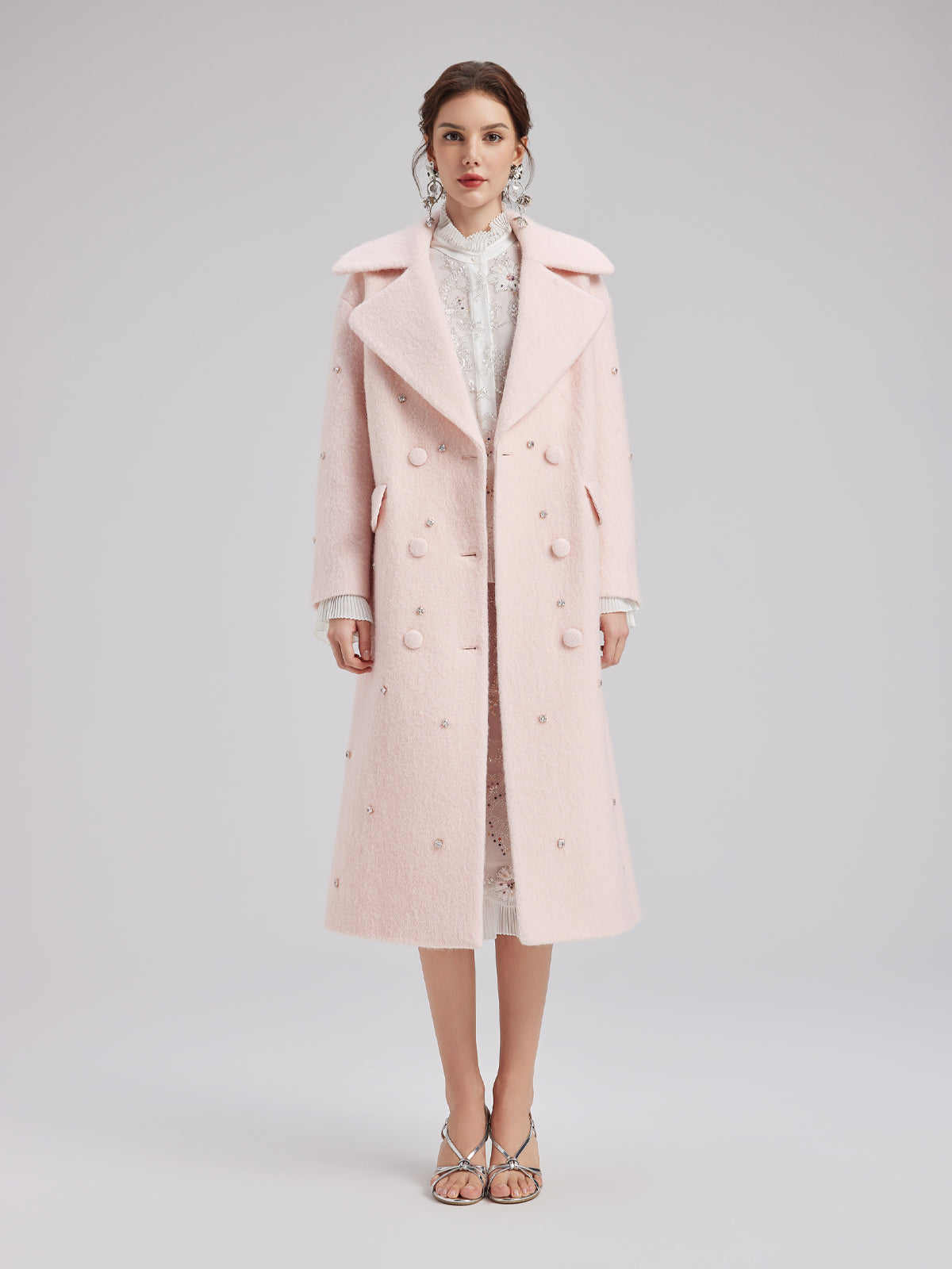 Minimalist Beaded Long Wool Coat