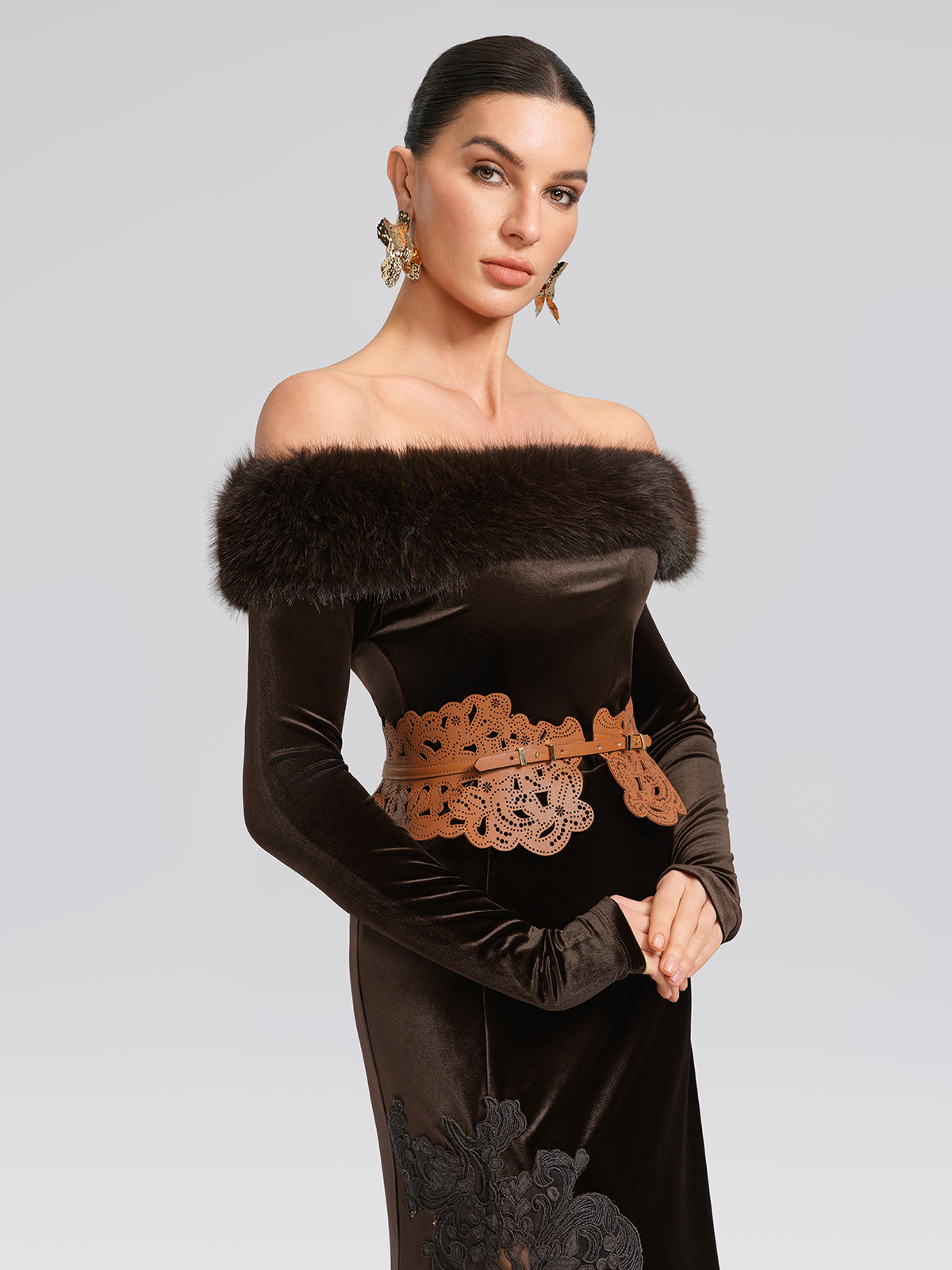 Faux-Fur Off-Shoulder Velvet Top