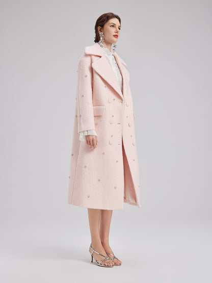 Minimalist Beaded Long Wool Coat