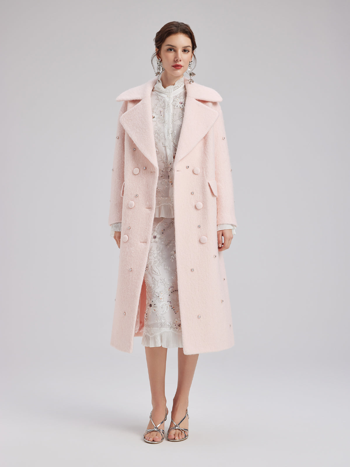 Minimalist Beaded Long Wool Coat