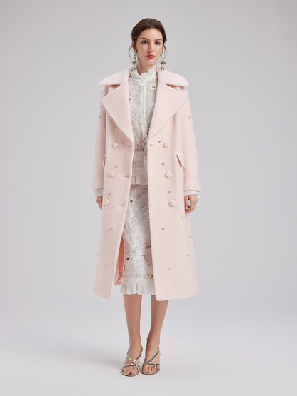 Minimalist Beaded Long Wool Coat