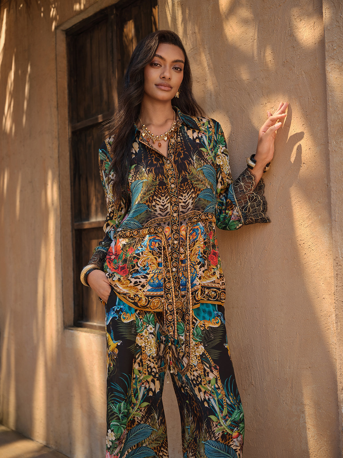 100% Silk Rhinestone Leopard Floral Shirt