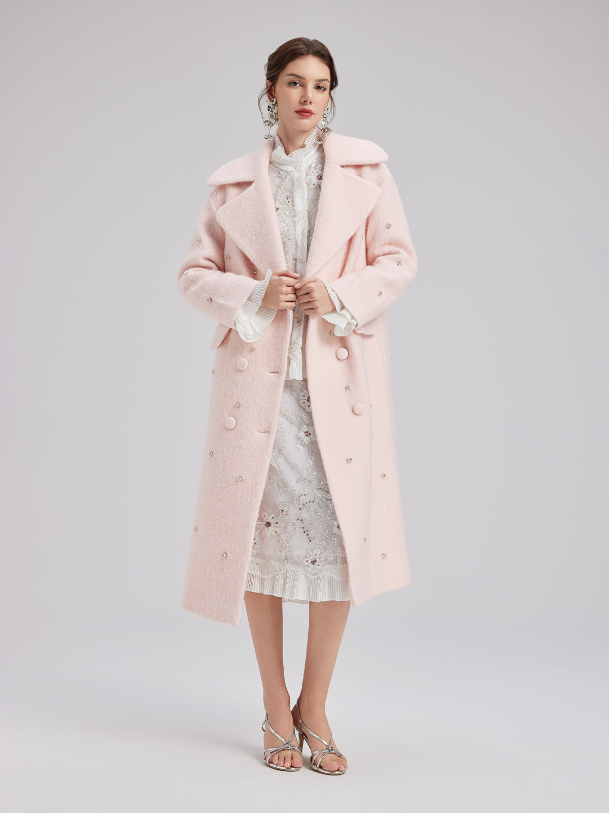 Minimalist Beaded Long Wool Coat